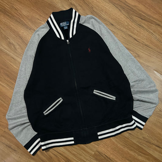 (XL) Vintage 90s Polo Ralph Lauren Black Grey Bomber Zip-Up Jacket