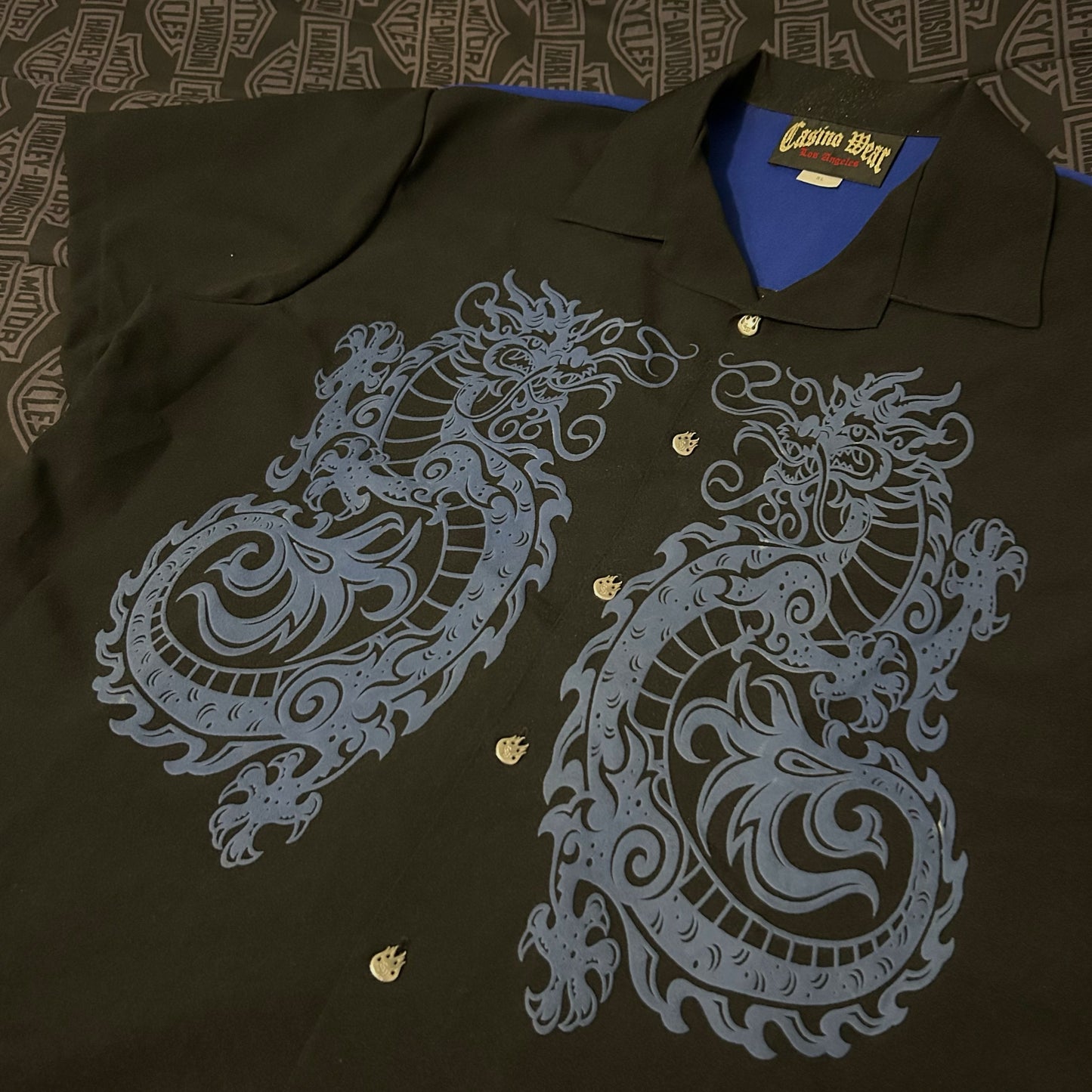 (XL) Vintage Casino Wear Y2K Dragon Embroidered Flame Button Up Shirt
