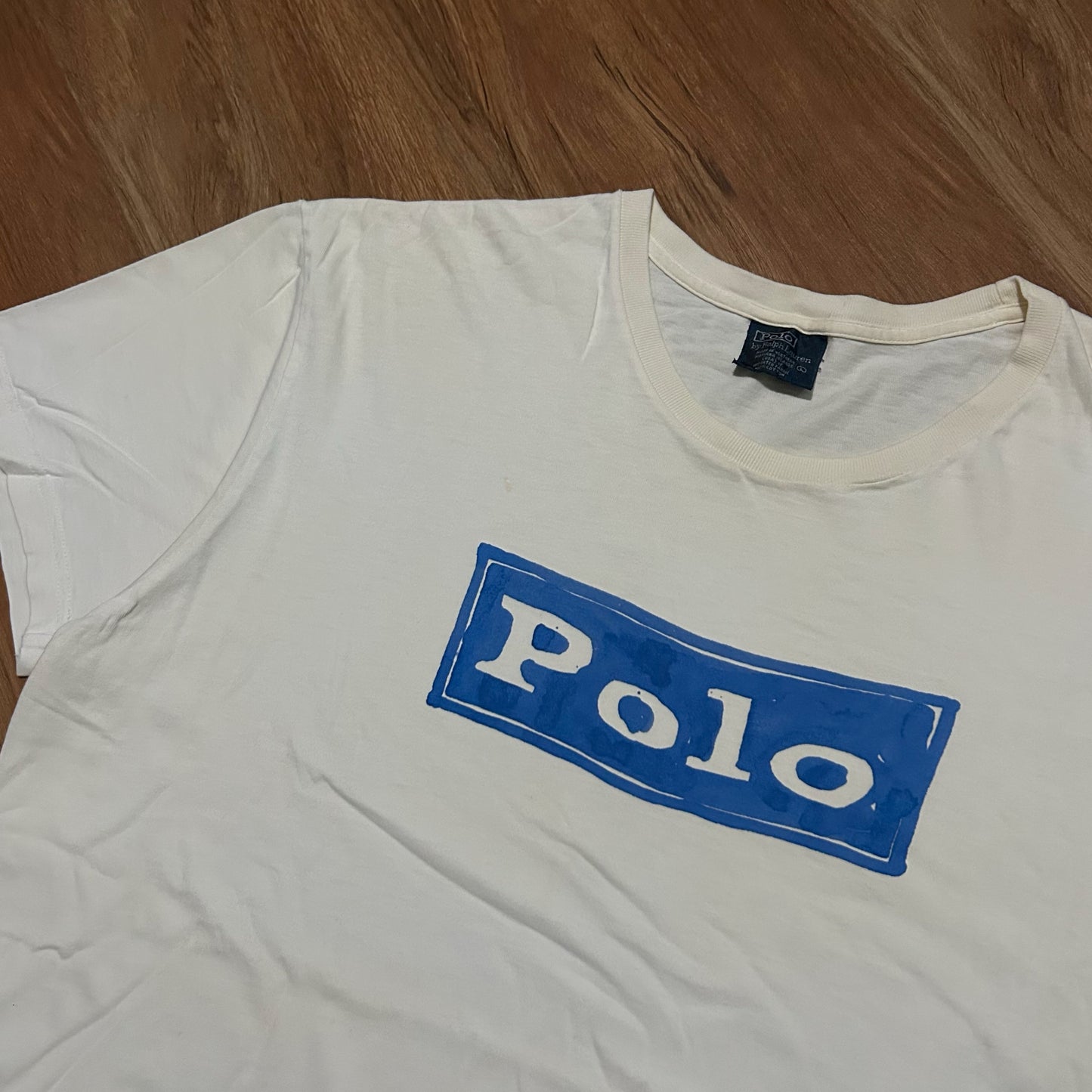 (L) Vintage Polo Ralph Lauren Hand-Painted Box Logo White T-Shirt