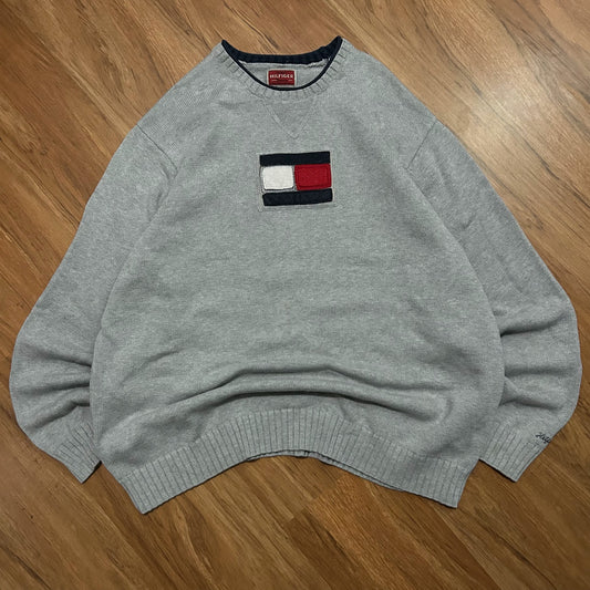 (XL) Vintage Y2K Tommy Hilfiger Middle Logo Grey Knitted Pullover Sweater