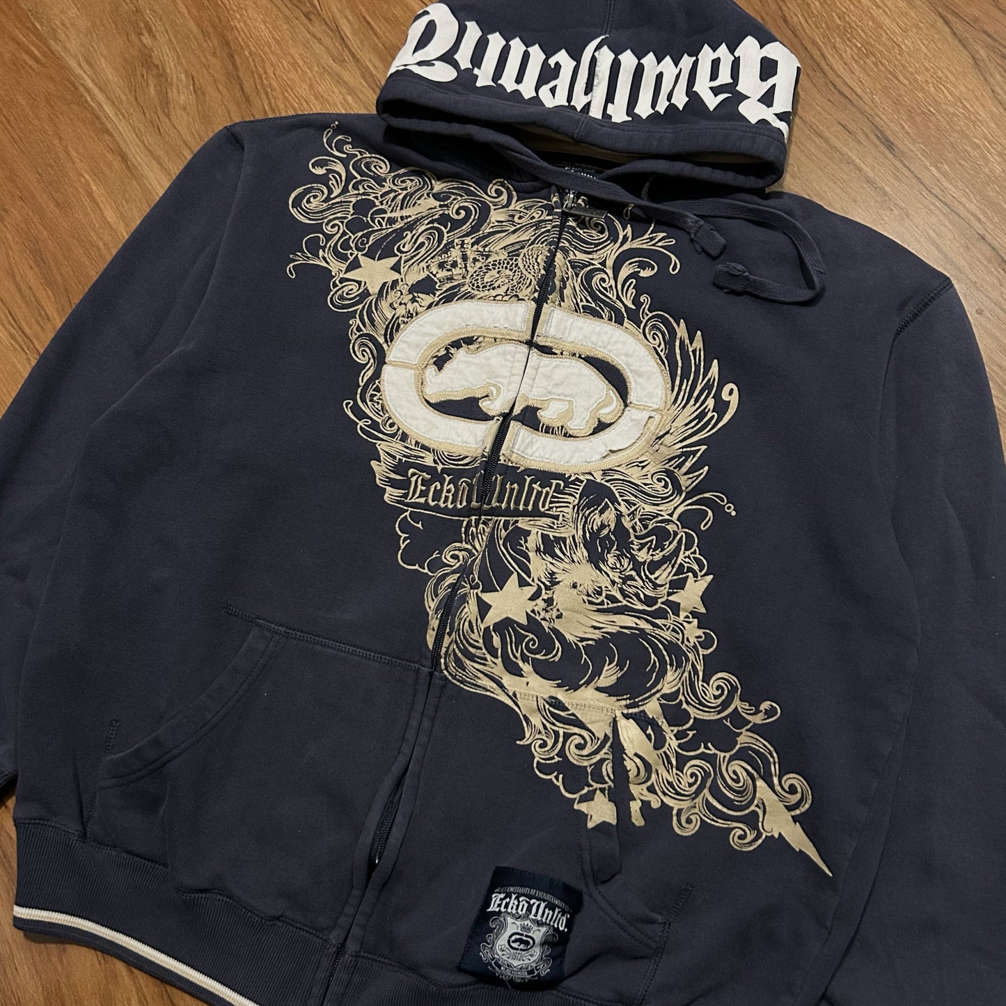 (L) Y2K Ecko Untld Embroidered Grunge Rhino Logo Navy Full Zip Hoodie