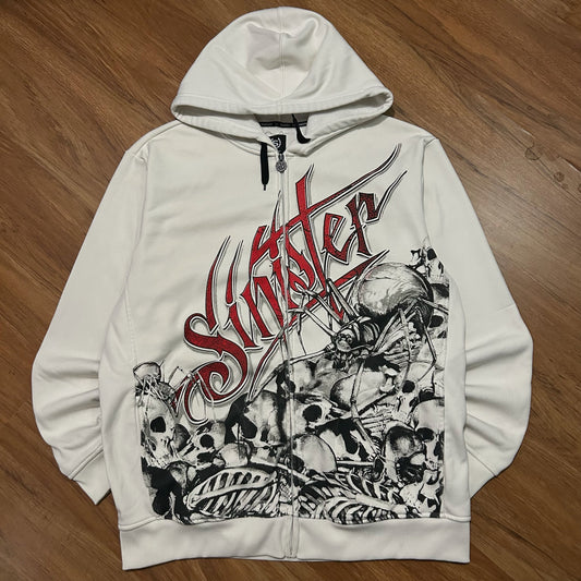 (L) Vintage Y2K Sinister Skull Bones Graphic White Full Zip Hoodie