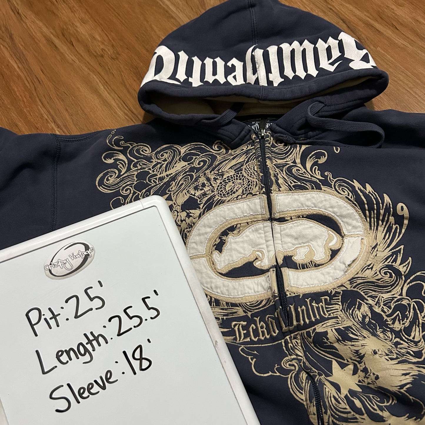 (L) Y2K Ecko Untld Embroidered Grunge Rhino Logo Navy Full Zip Hoodie