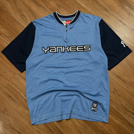 (M) Vintage 90s Nike MLB New York Yankees Baseball Short Sleeve 1/4 Blue T-Shirt