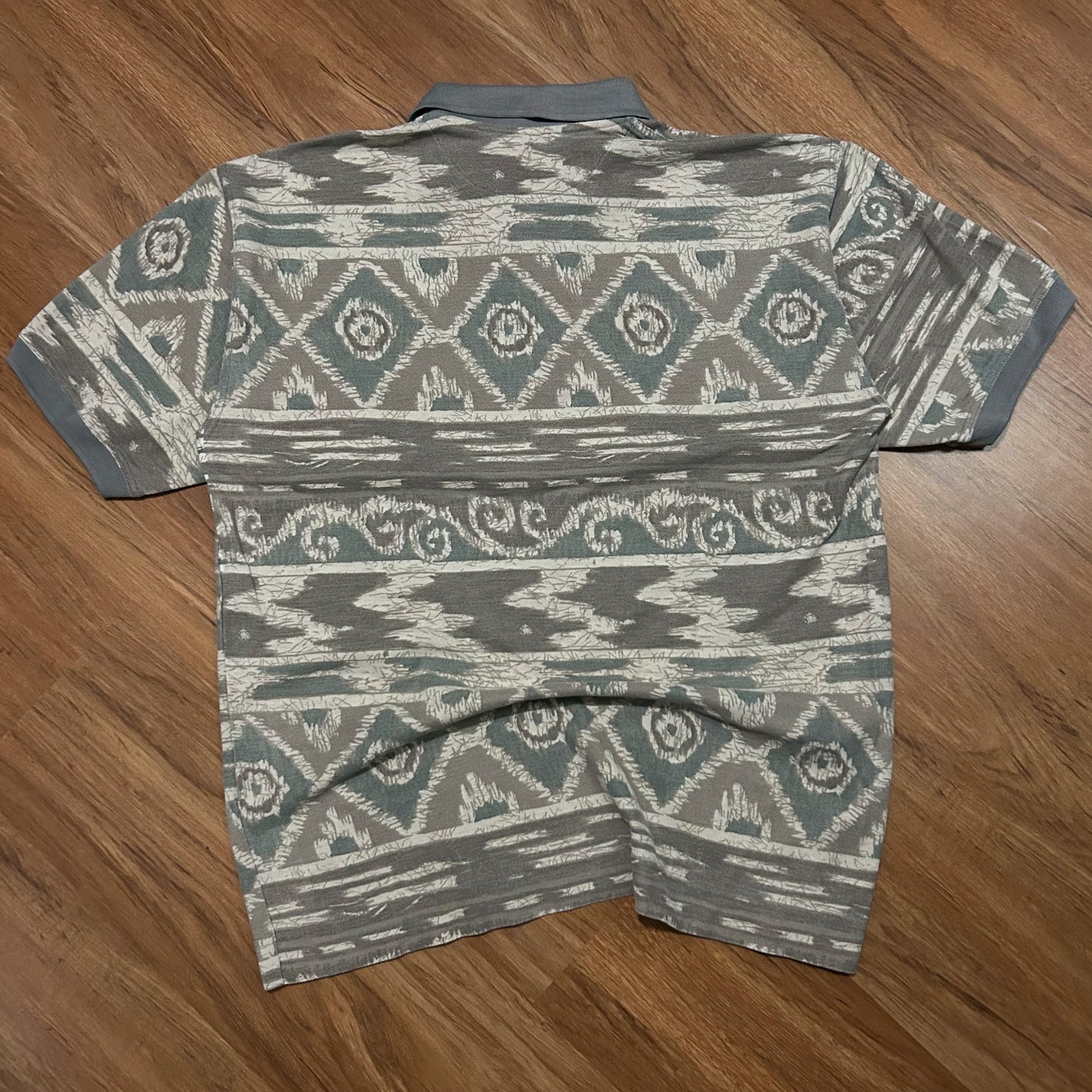 (L) Vintage 90s Bugle Boy Company Aztec Southwestern AOP Polo Shirt
