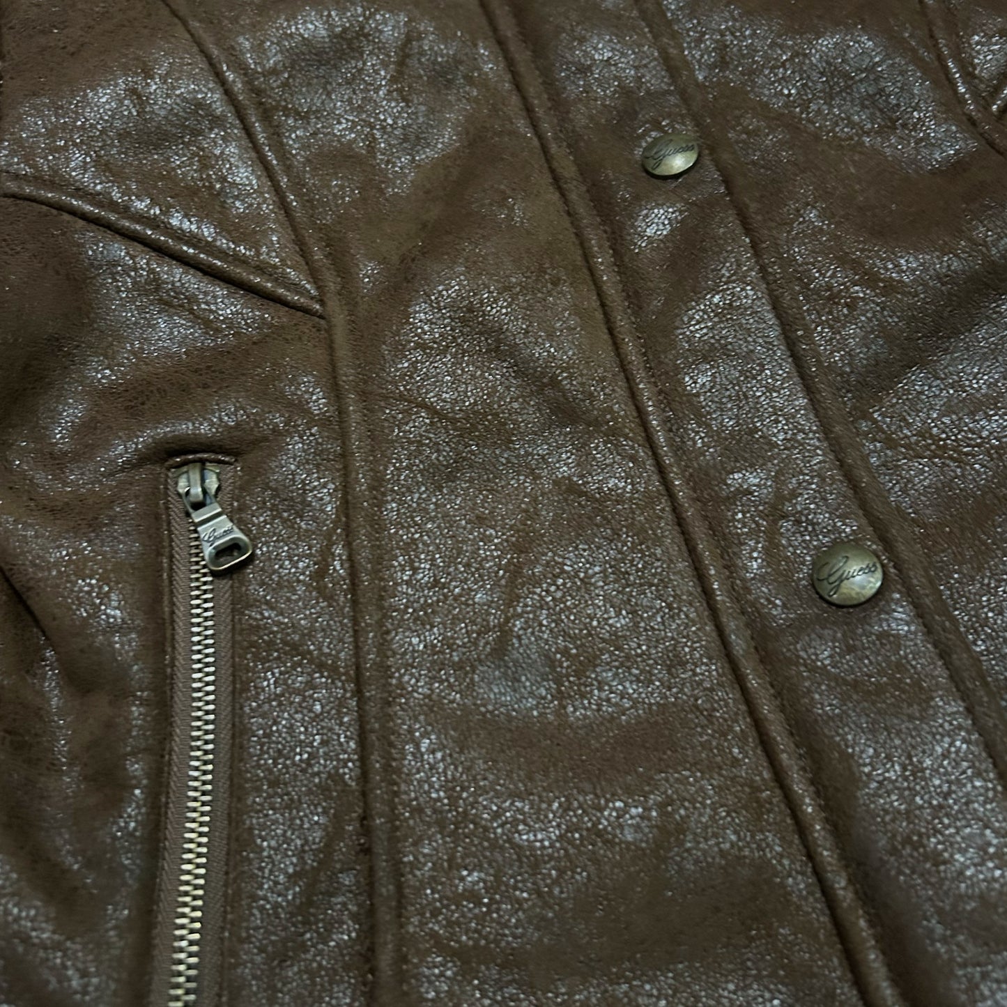 (Women M) Vintage Y2K Guess Brown Faux Leather Shearling Lined Aviator Jacket