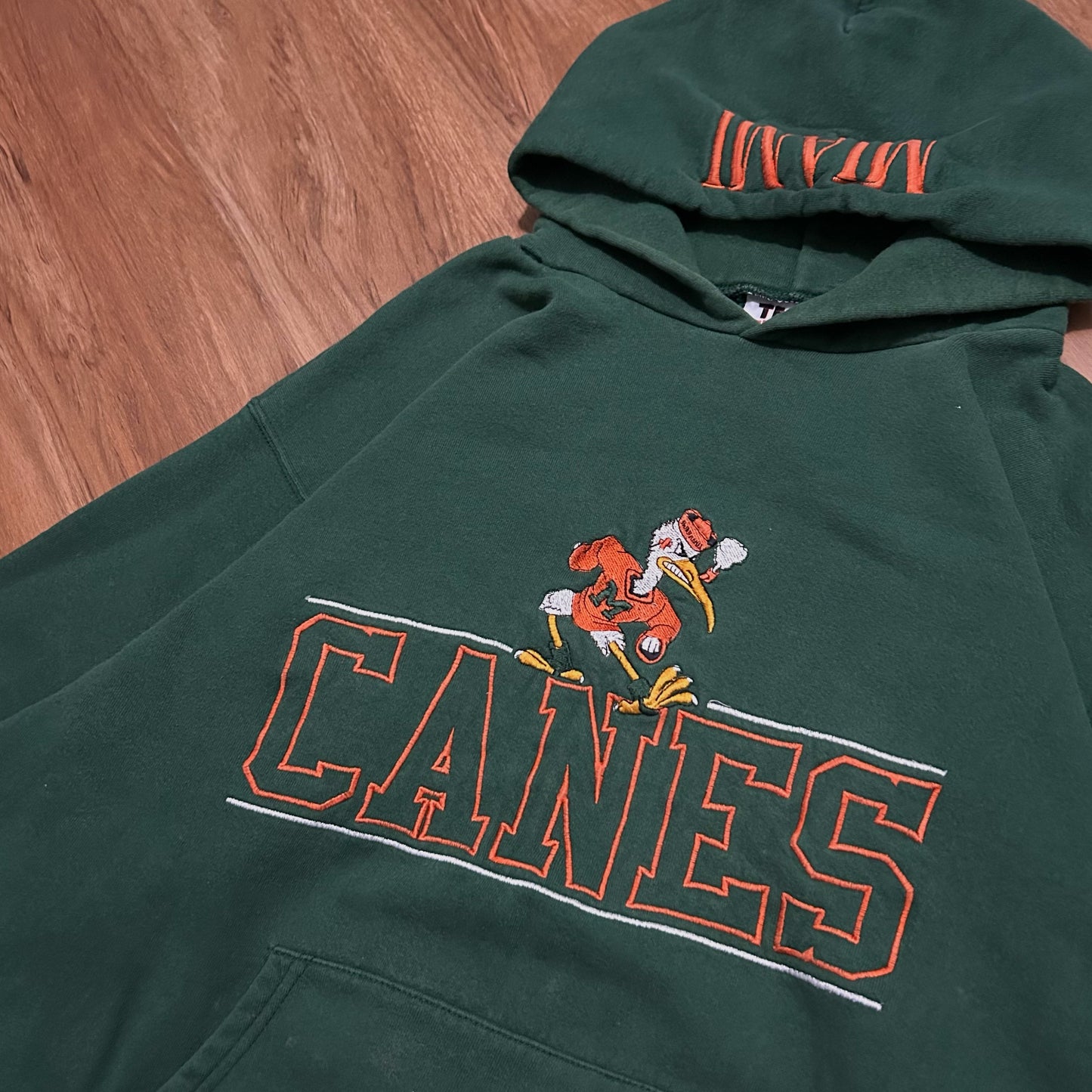 (L) Vintage 90s Miami Hurricanes Green Orange Embroidered Pullover Hoodie