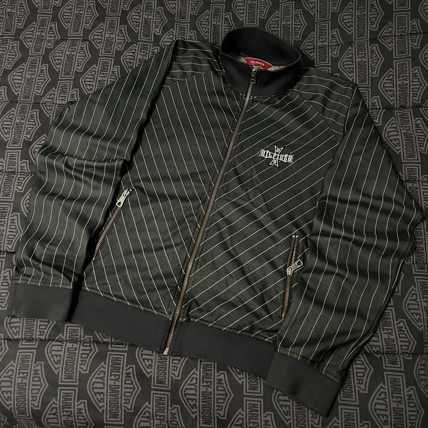 (L) Vintage Y2K Tommy Hilfiger Denim Red Label Pinstripe Gothic Track Jacket