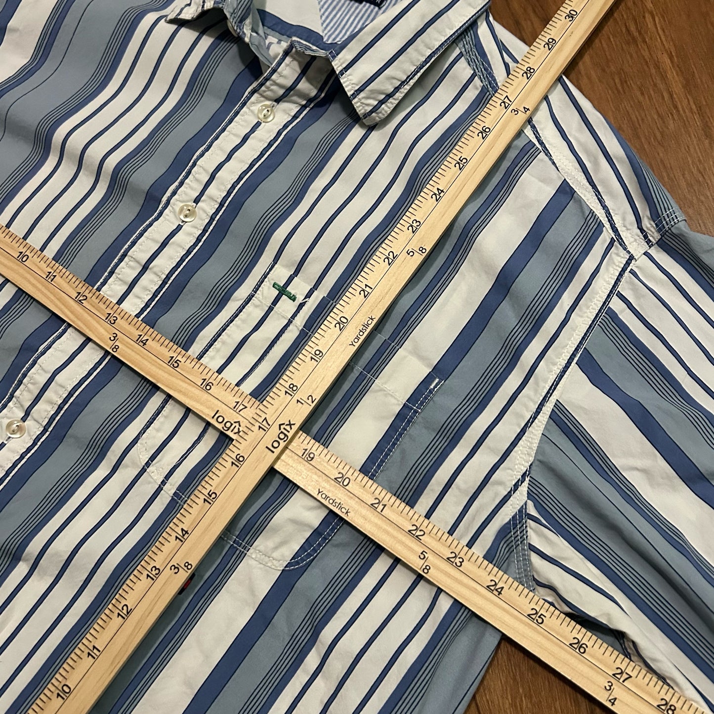 (L) Vintage Tommy Hilfiger Pinstripe Baby Blue White Long-Sleeve Button Shirt