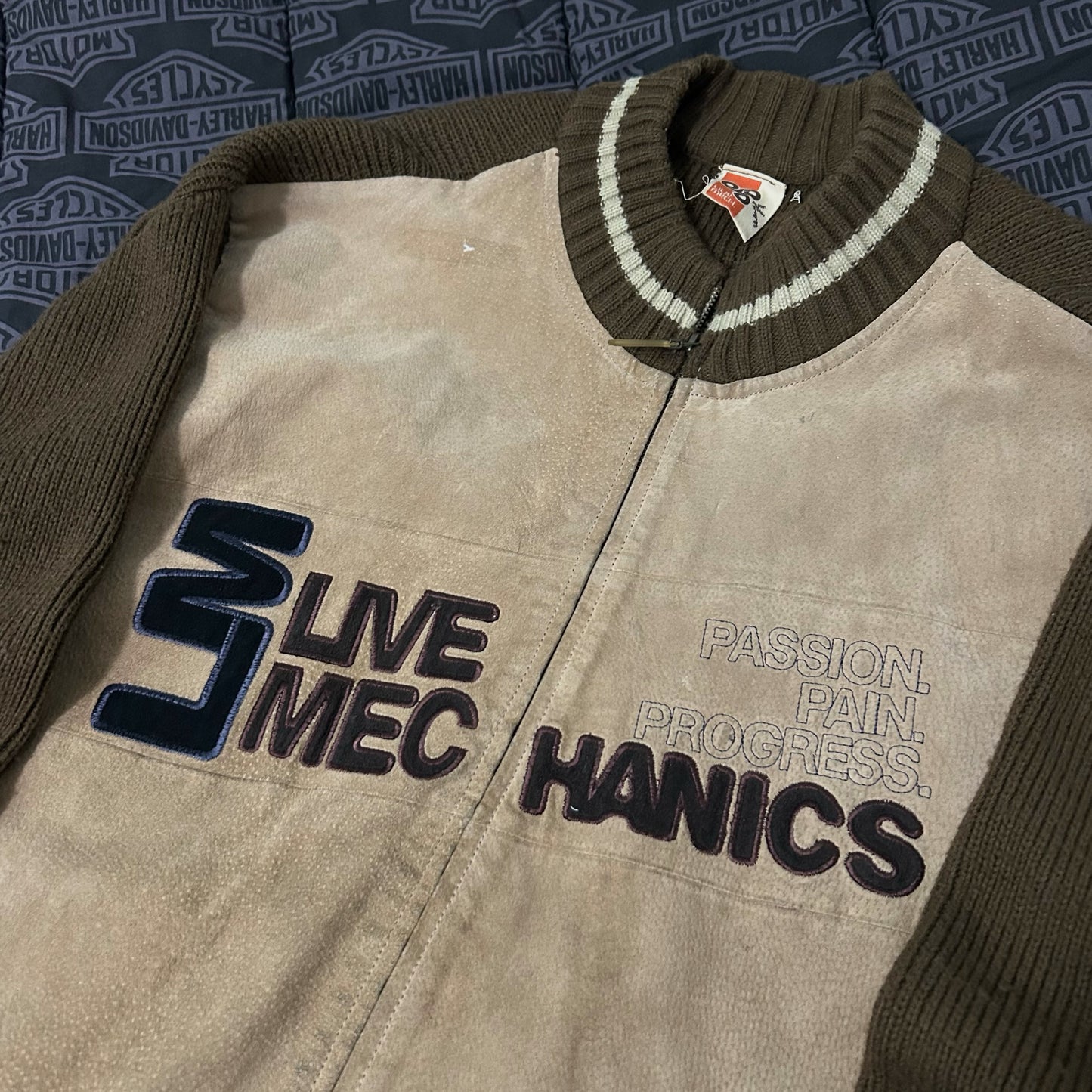 (L) Vintage Live Mechanics Suede Knitted Varisty Brown Bomber Jacket