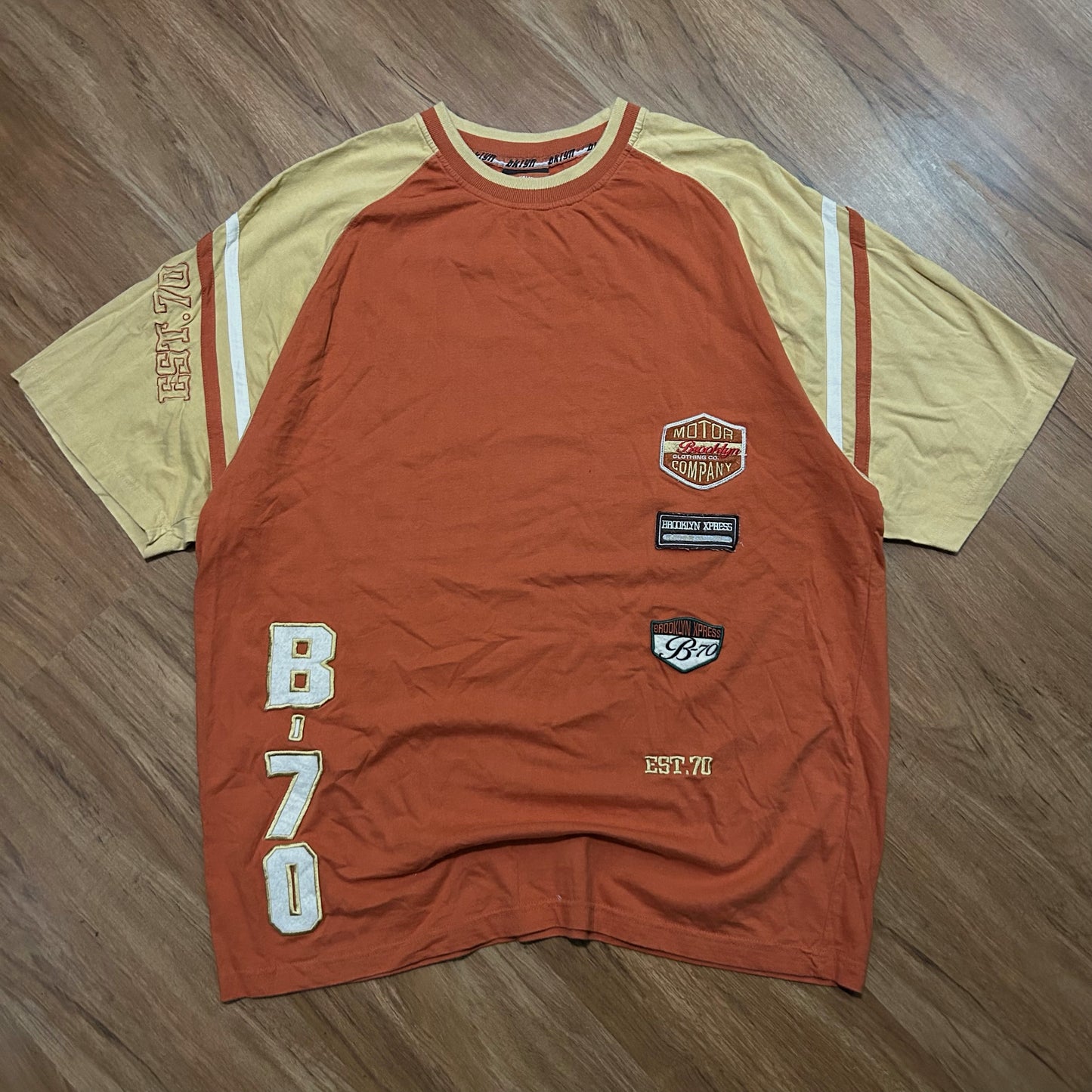 (XXL) Vintage 2000s Brooklyn Express Embroidered Patch Orange Yellow T-Shirt