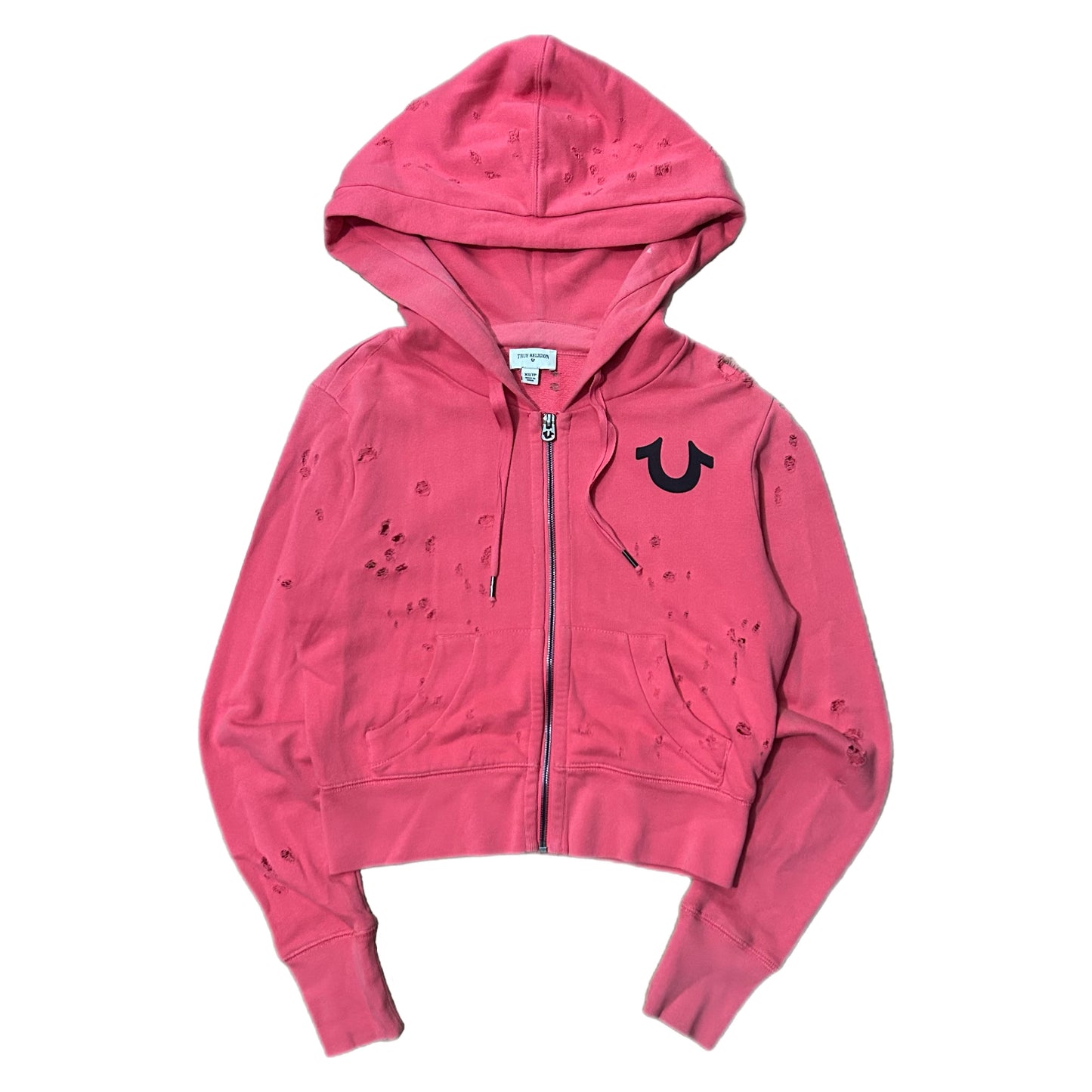 (XS) True Religion Pink Distressed Zip-Up Hoodie