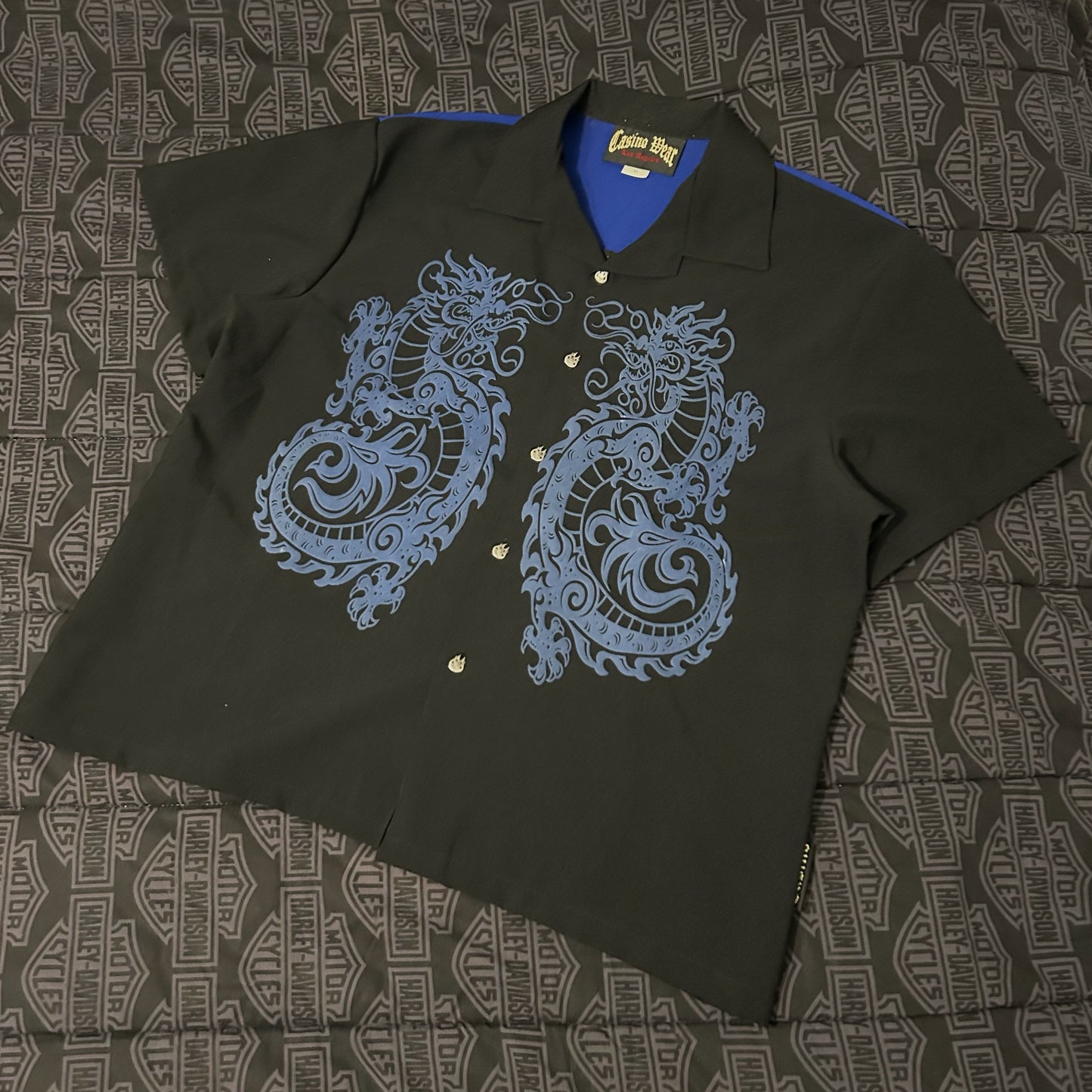 (XL) Vintage Casino Wear Y2K Dragon Embroidered Flame Button Up Shirt