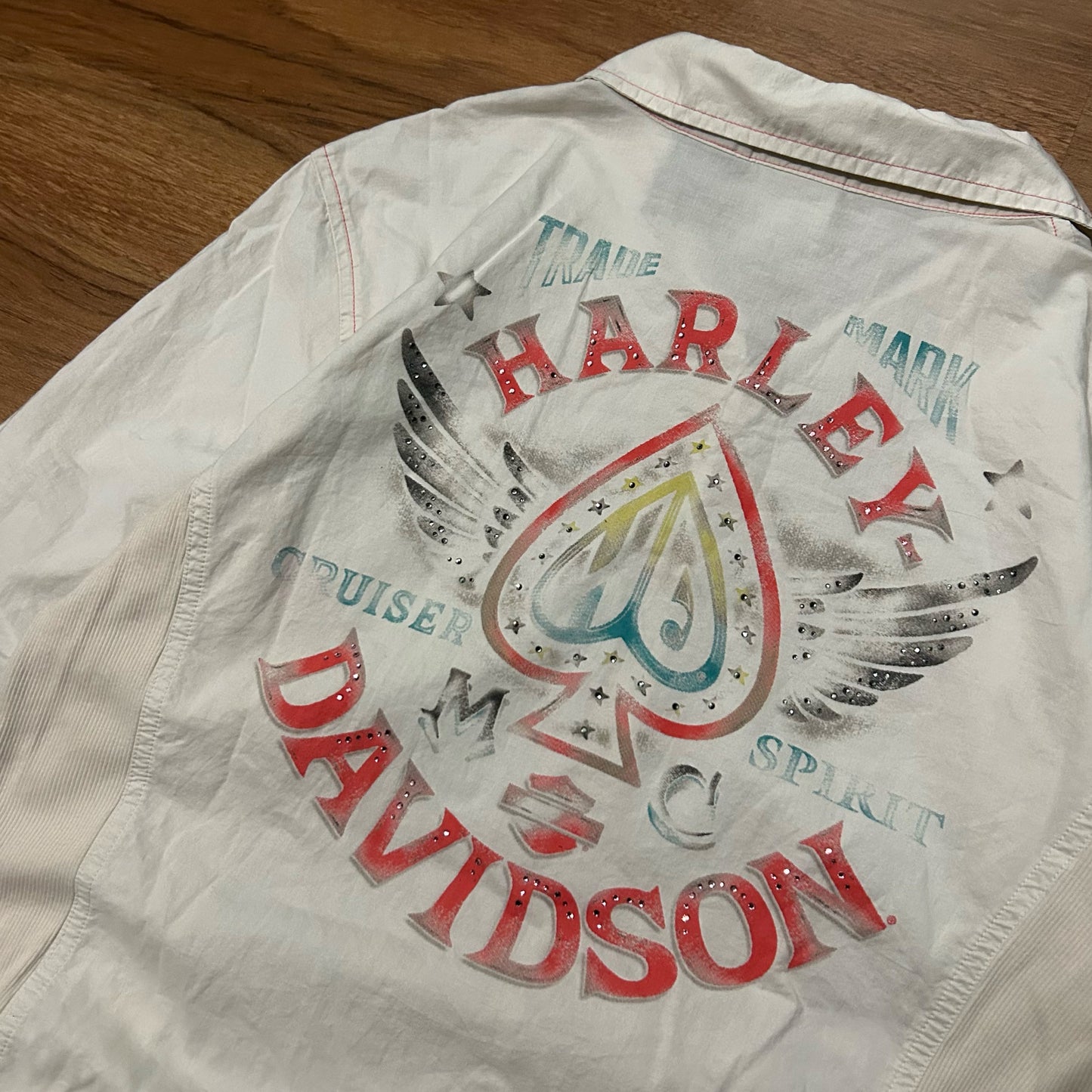 (Women's XL) Vintage Harley Davidson Spade Button-Up White Pink Shirt