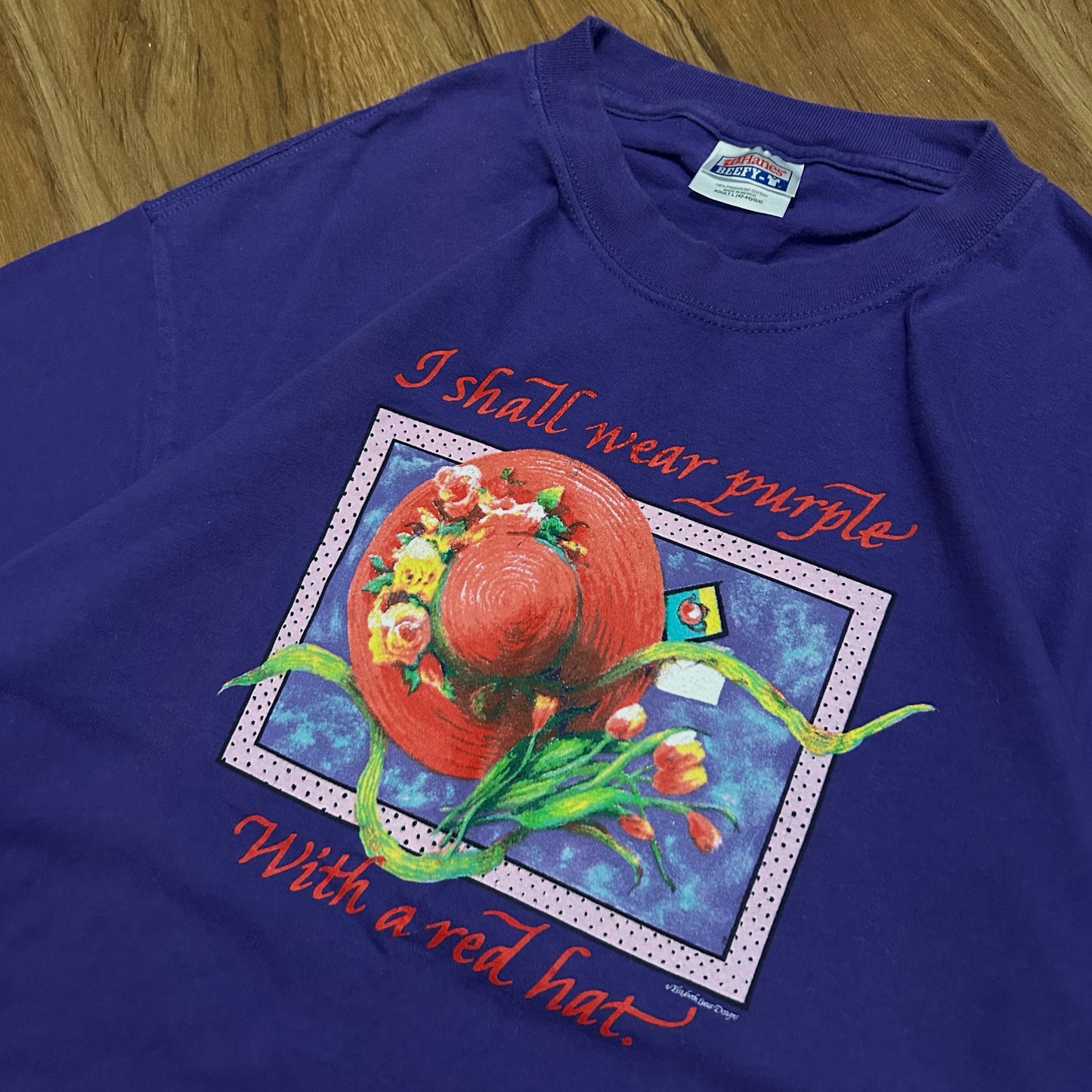 (L) Vintage Hanes "I Shall Wear Purple" Red Hat Graphic Purple T-Shirt