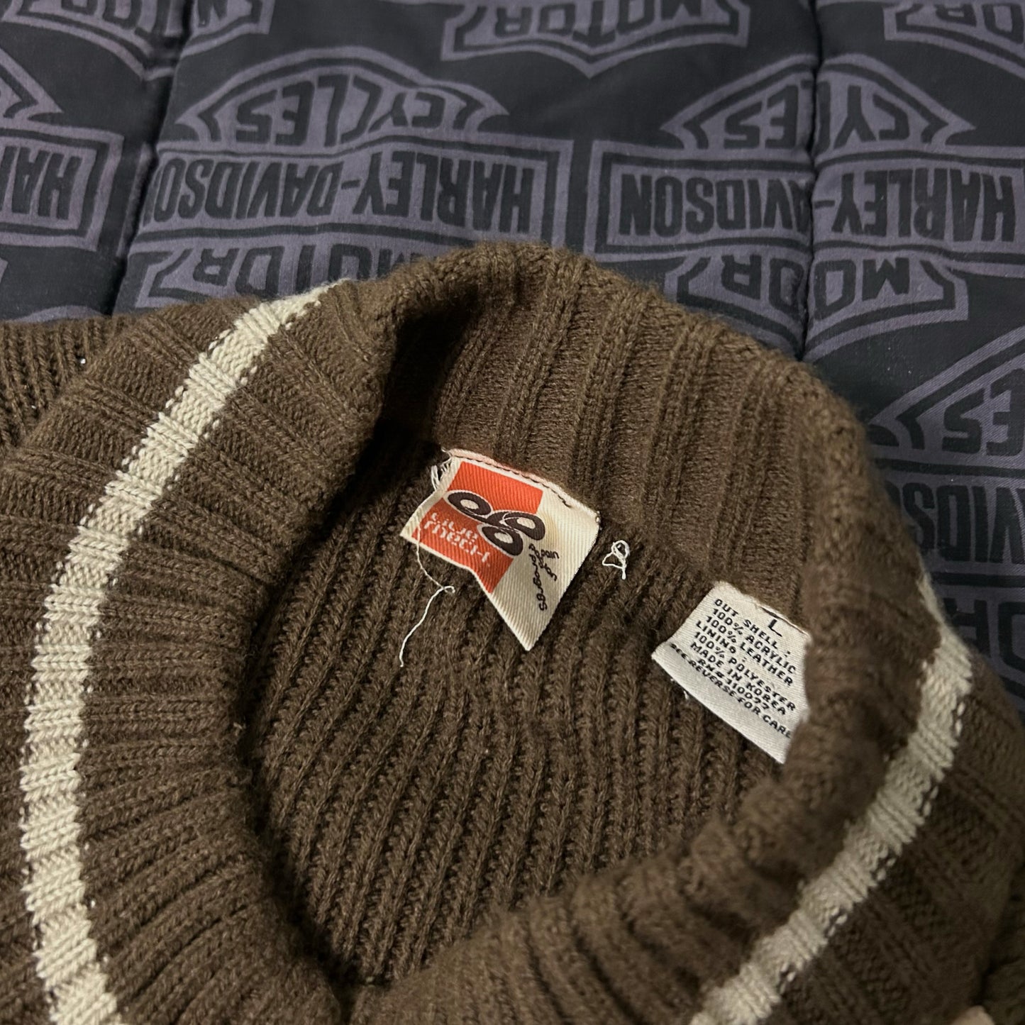 (L) Vintage Live Mechanics Suede Knitted Varisty Brown Bomber Jacket