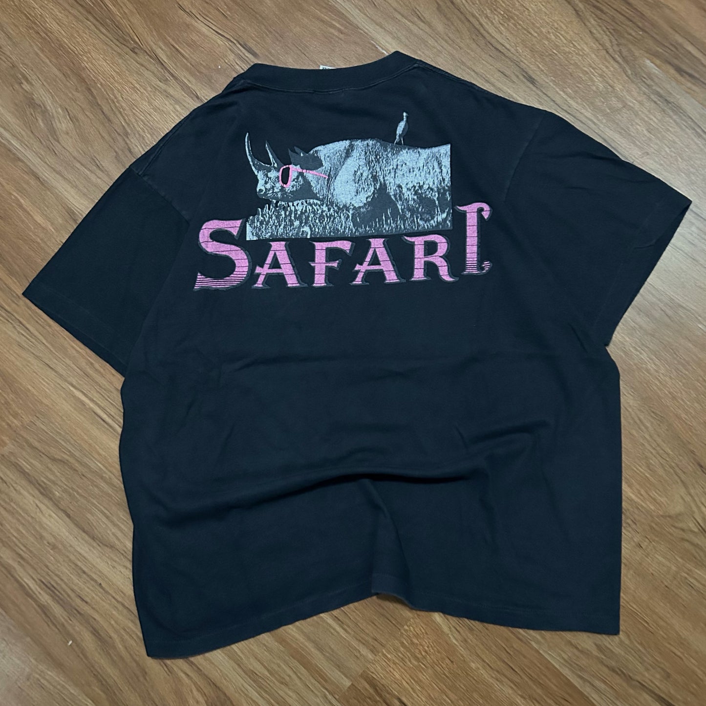 (XL) Vintage 90s Safari Rhinestone Rhino Black Graphic T-Shirt