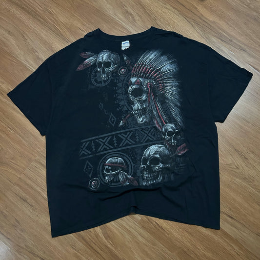 (XXXL) Native American Indian Chief Skull Black Graphic T-Shirt