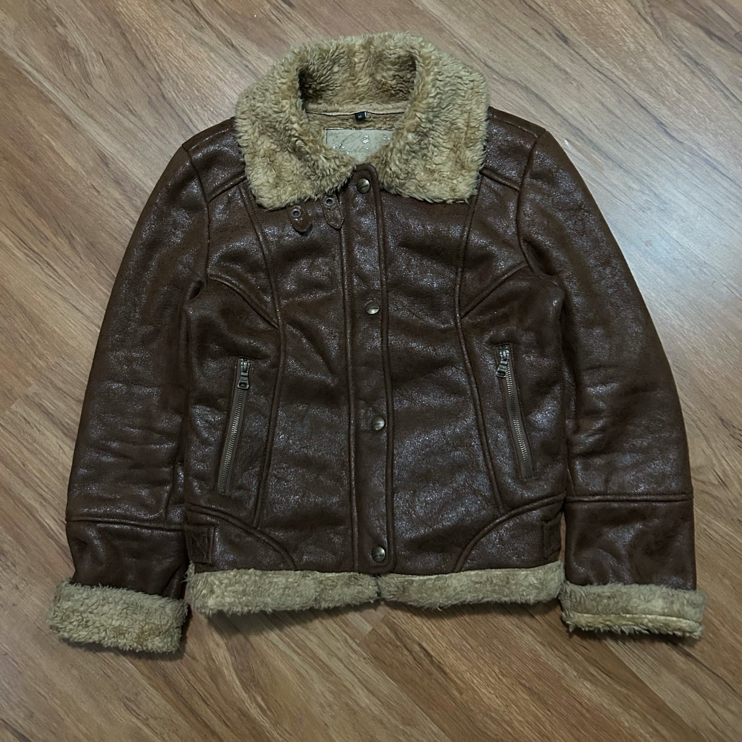 (Women M) Vintage Y2K Guess Brown Faux Leather Shearling Lined Aviator Jacket