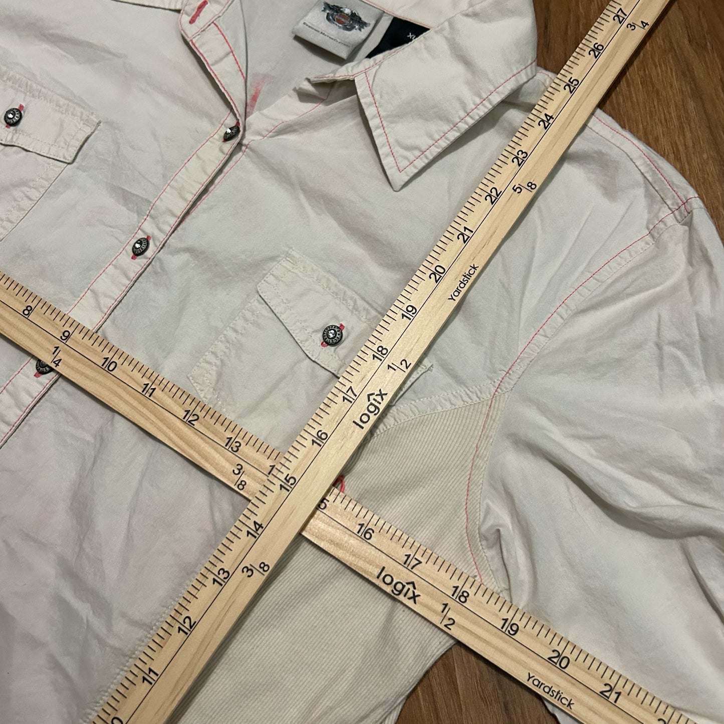 (Women's XL) Vintage Harley Davidson Spade Button-Up White Pink Shirt