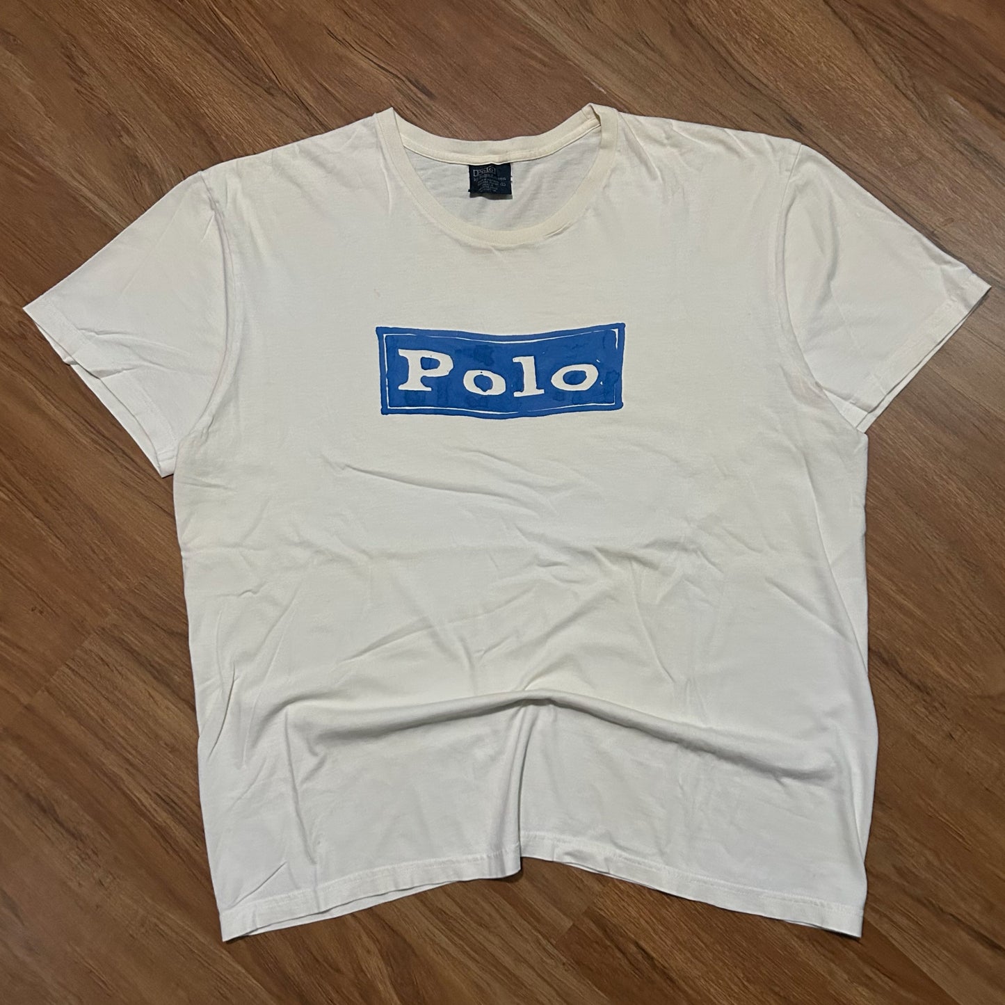 (L) Vintage Polo Ralph Lauren Hand-Painted Box Logo White T-Shirt