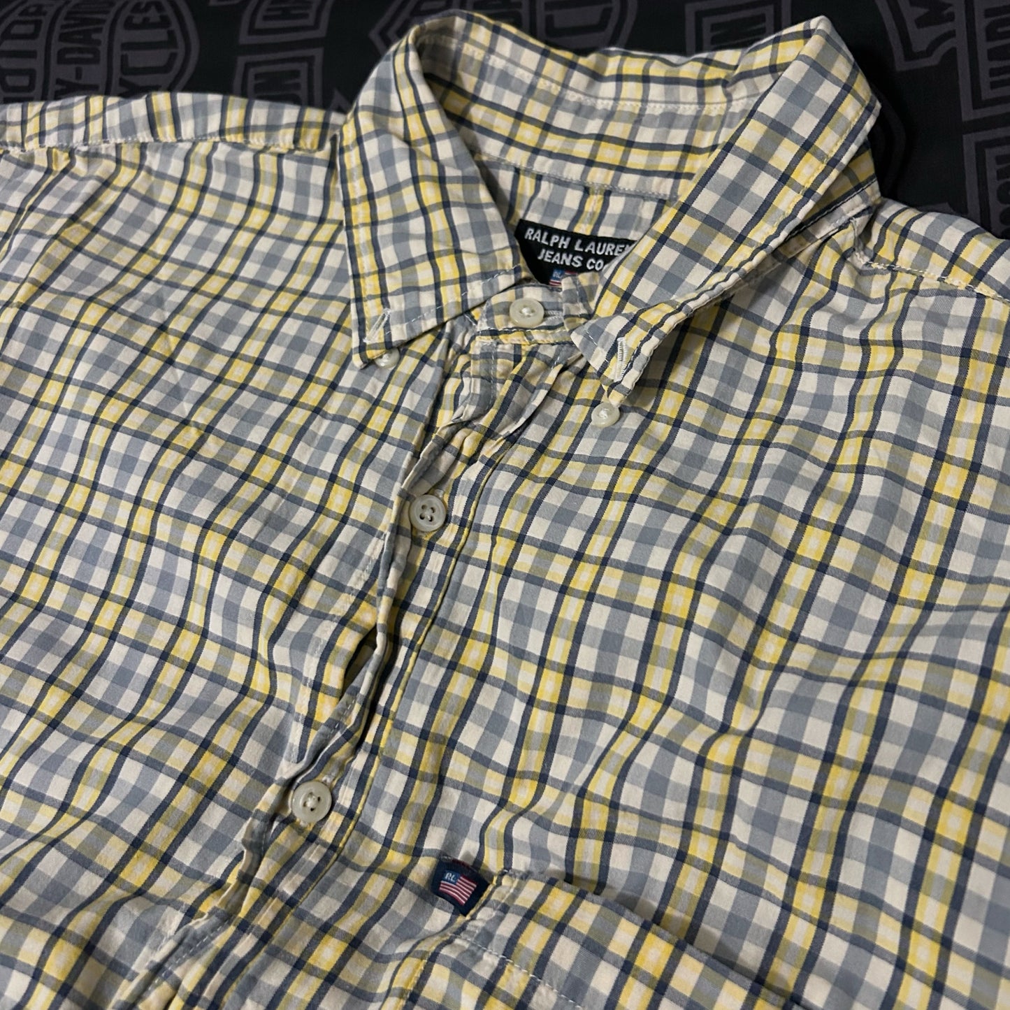 (S) Vintage Ralph Lauren Jeans Company Yellow Grey Plaid Short Sleeve Button-Up Shirt