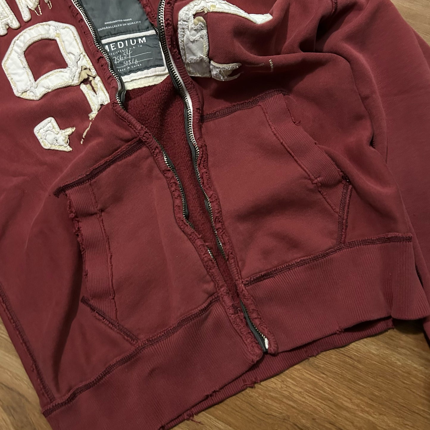 (M) Y2K Abercrombie & Fitch Distressed Burgundy Full Zip Hoodie