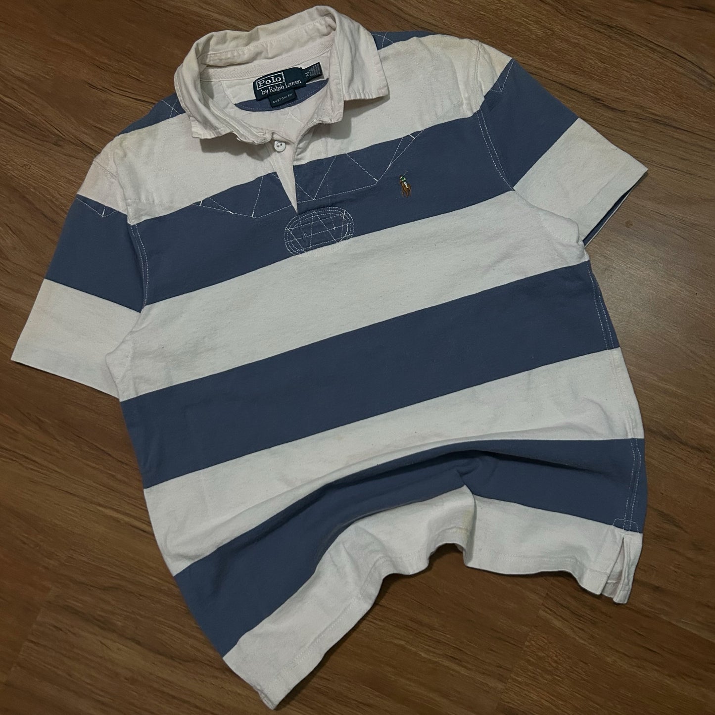 (M) Vintage 90s Polo Ralph Lauren Blue White Striped Polo Shirt