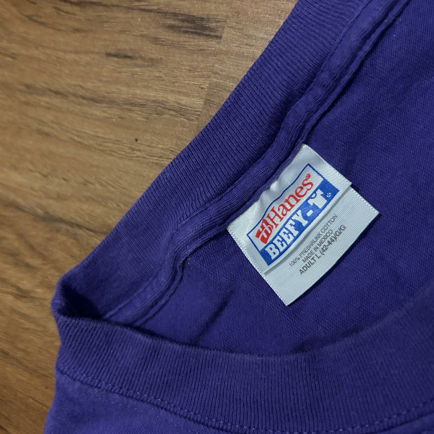 (L) Vintage Hanes "I Shall Wear Purple" Red Hat Graphic Purple T-Shirt