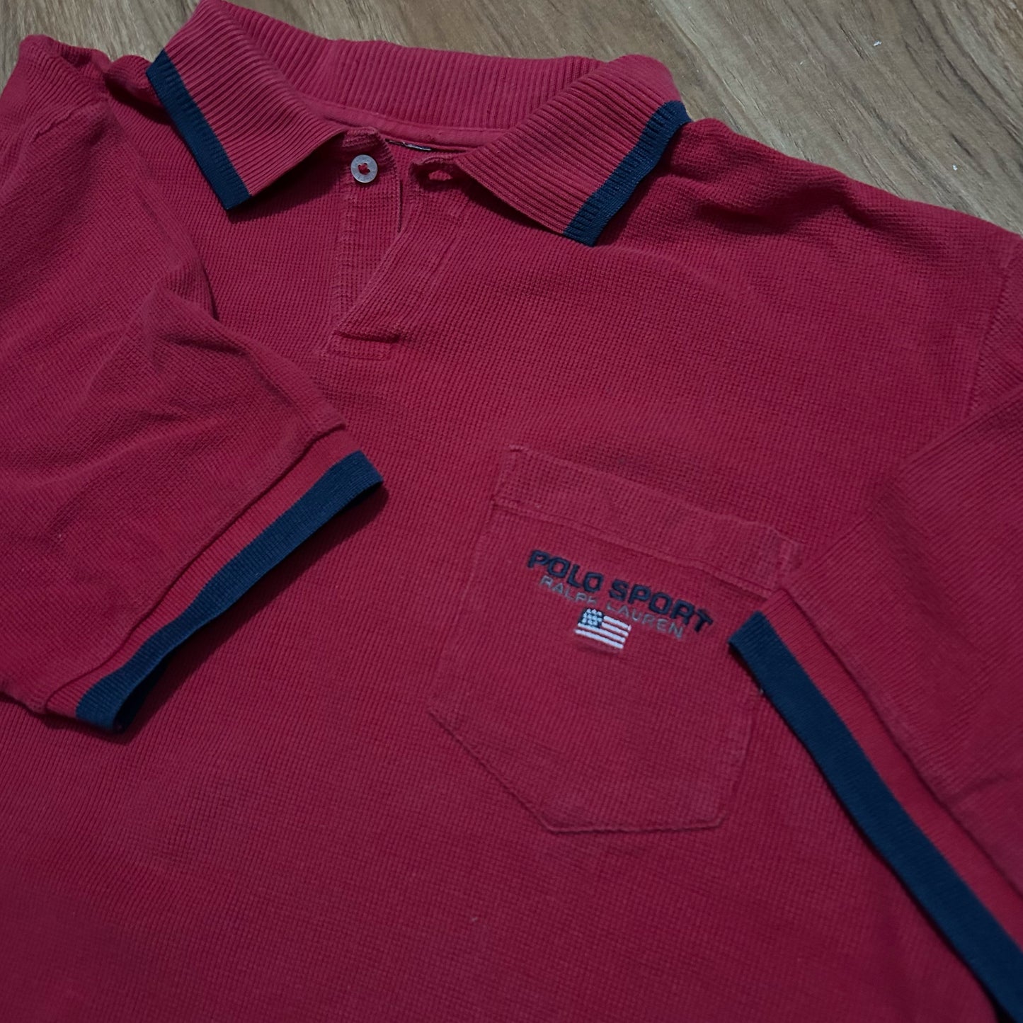 (M/L) Vintage 90s Polo Sport Ralph Lauren Red Waffle Knit Pocket Polo Shirt