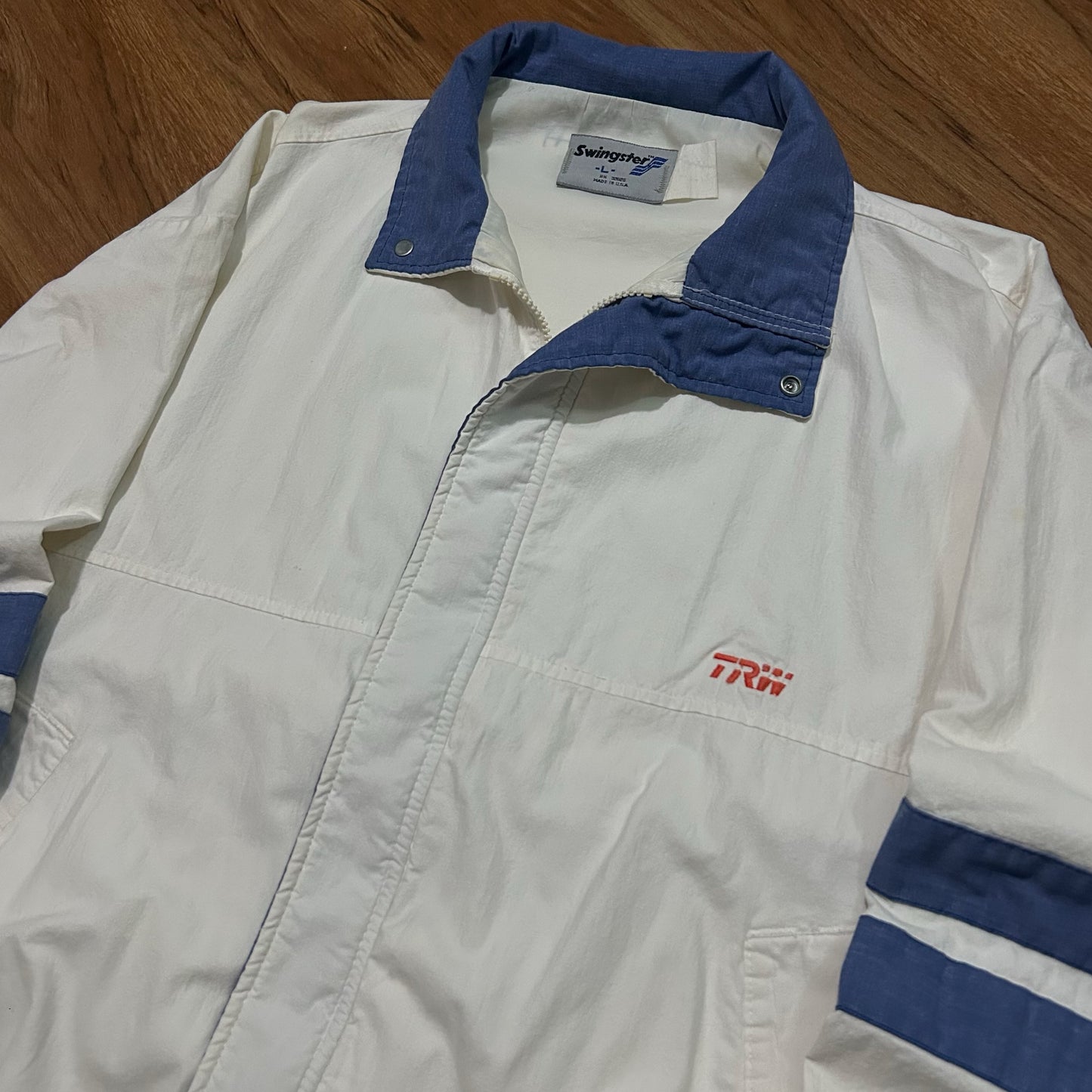 (L) Vintage 90s Swingster TRW Corporate Logo Full Zip Bomber Made in USA Jacket