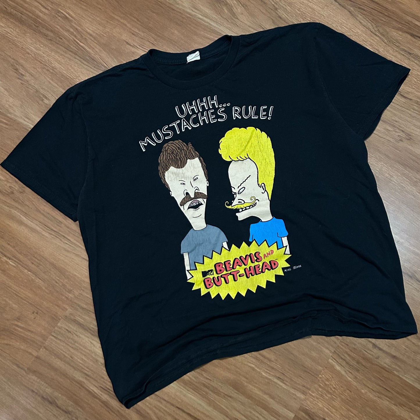 (M/L) Vintage Beavis and Butt-Head Mustaches Rule Black Graphic T-Shirt