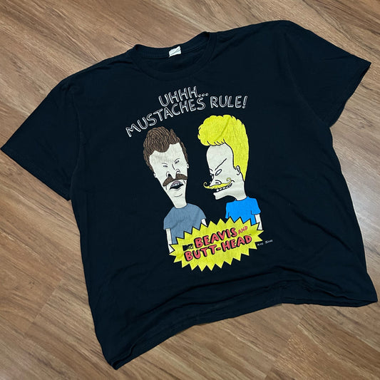 (M/L) Vintage Beavis and Butt-Head Mustaches Rule Black Graphic T-Shirt