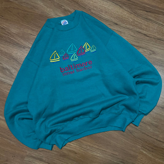 (M) Vintage 90s Baltimore Inner Harbor Embroidered Teal Pullover Crewneck