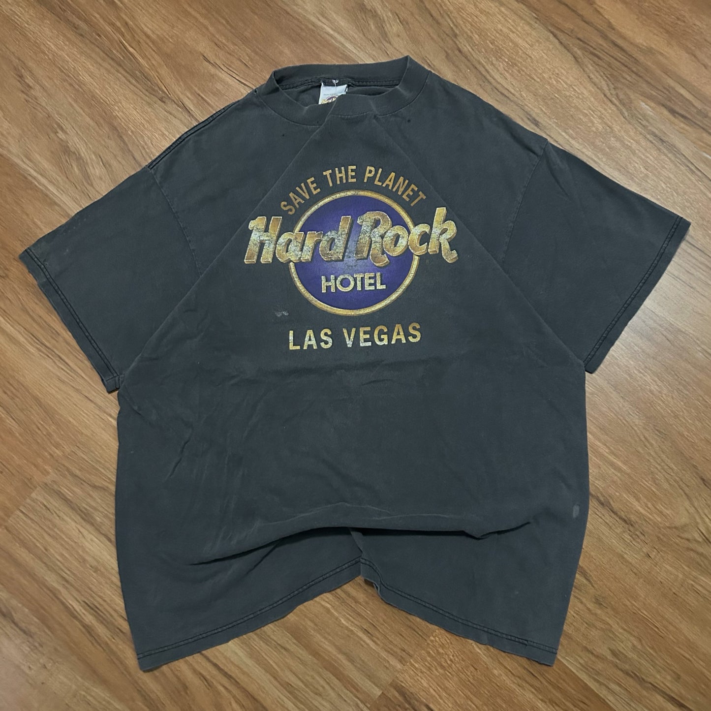 (L) Vintage 90s Hard Rock Hotel Laa Vegas "Save The Planet" Faded Black Graphic T-Shirt