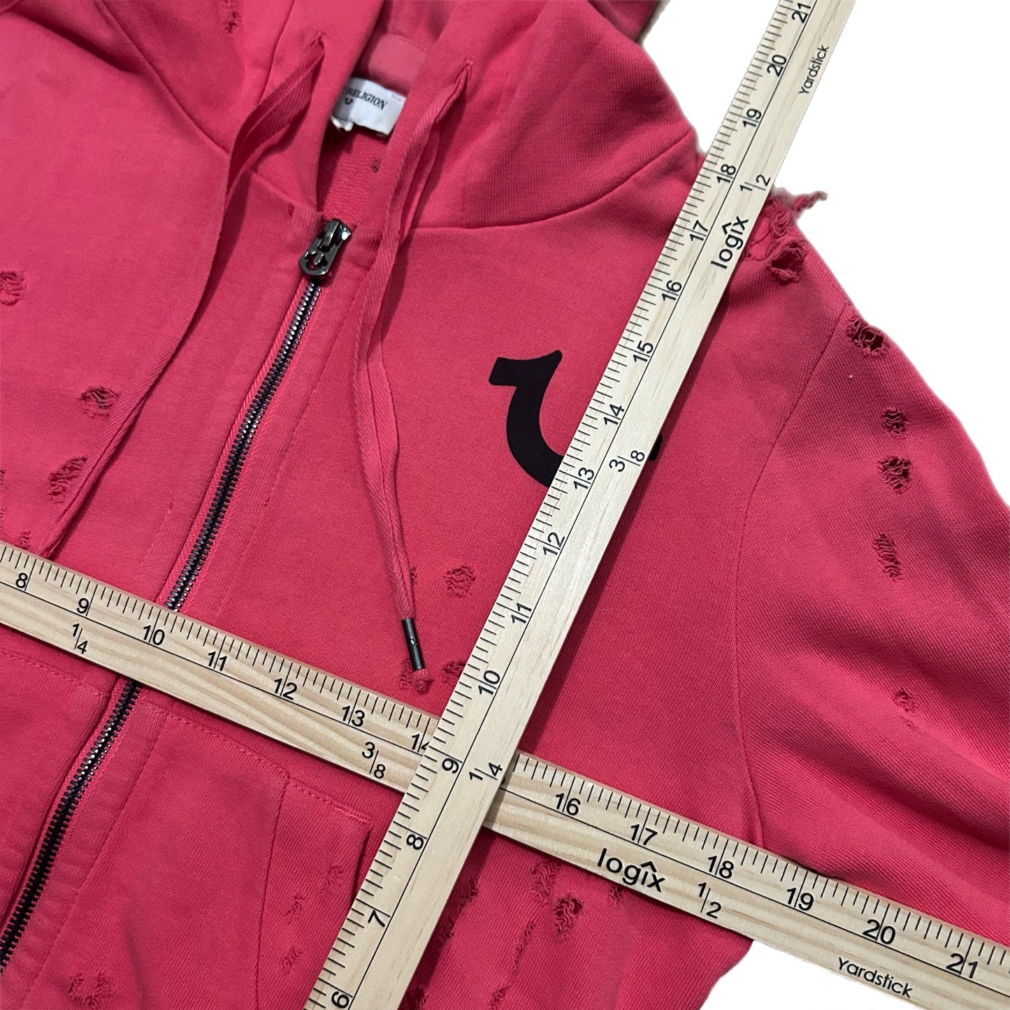 (XS) True Religion Pink Distressed Zip-Up Hoodie