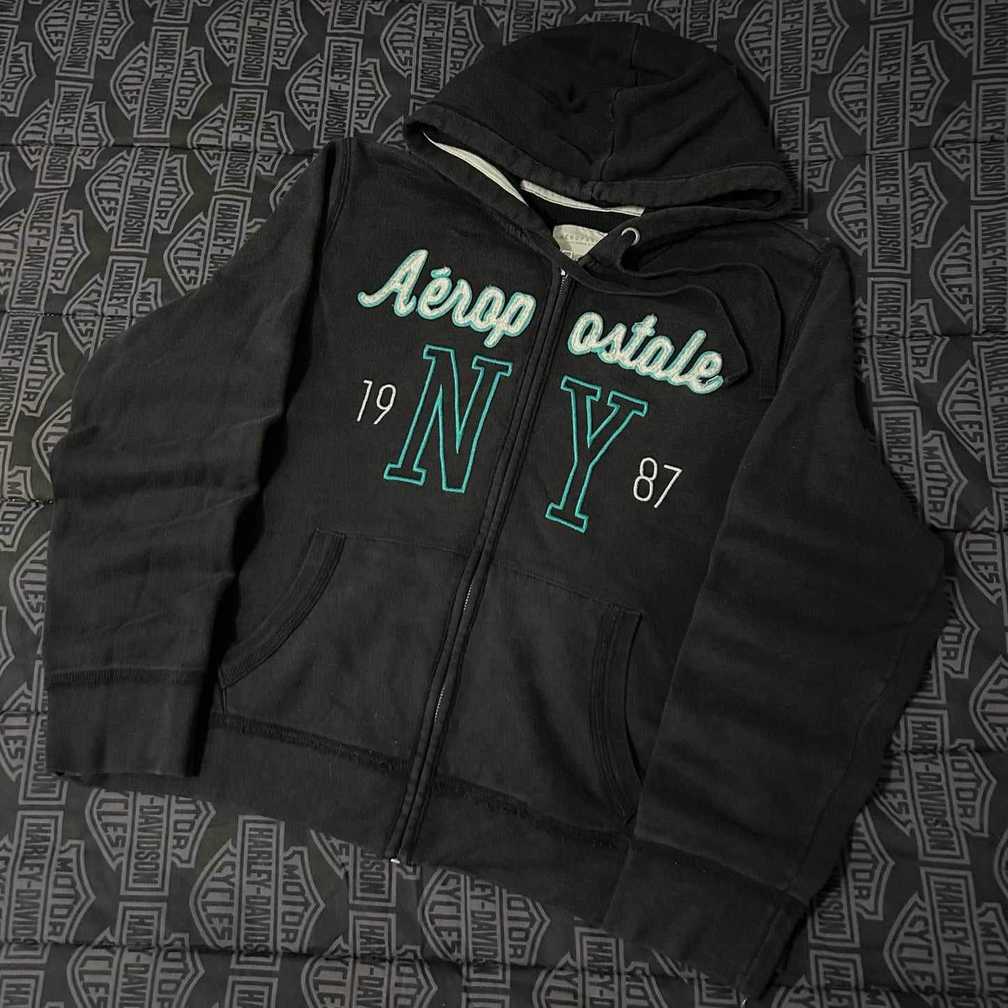 (Women XL) Vintage Y2K Aeropostale NY 1987 Full Zip Embroidered Teal Hoodie