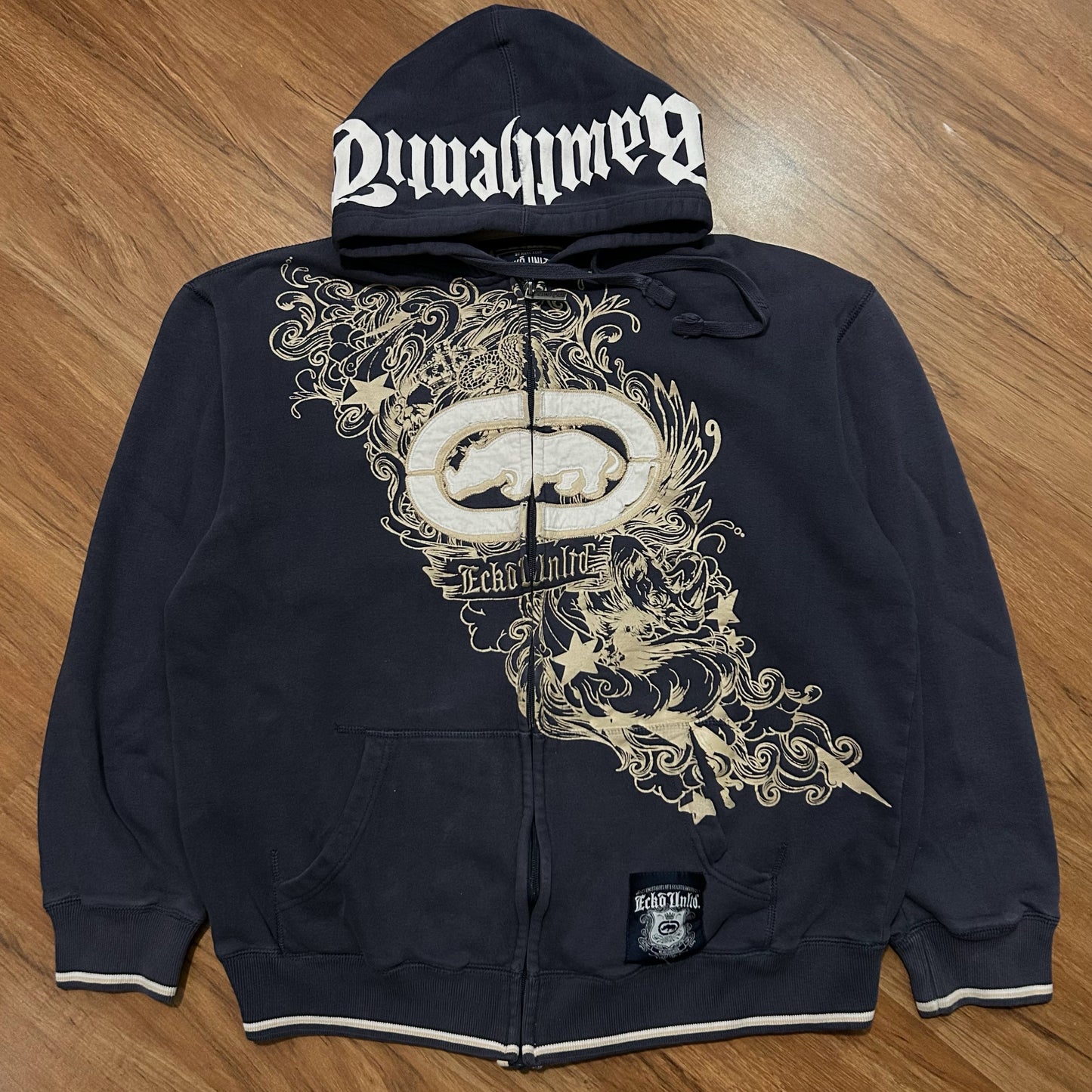 (L) Y2K Ecko Untld Embroidered Grunge Rhino Logo Navy Full Zip Hoodie