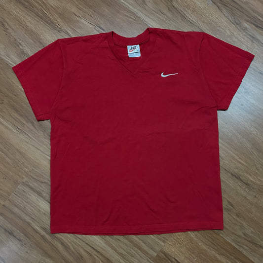 (S) Vintage 90s Nike Mini Swoosh Red V-Neck T-Shirt