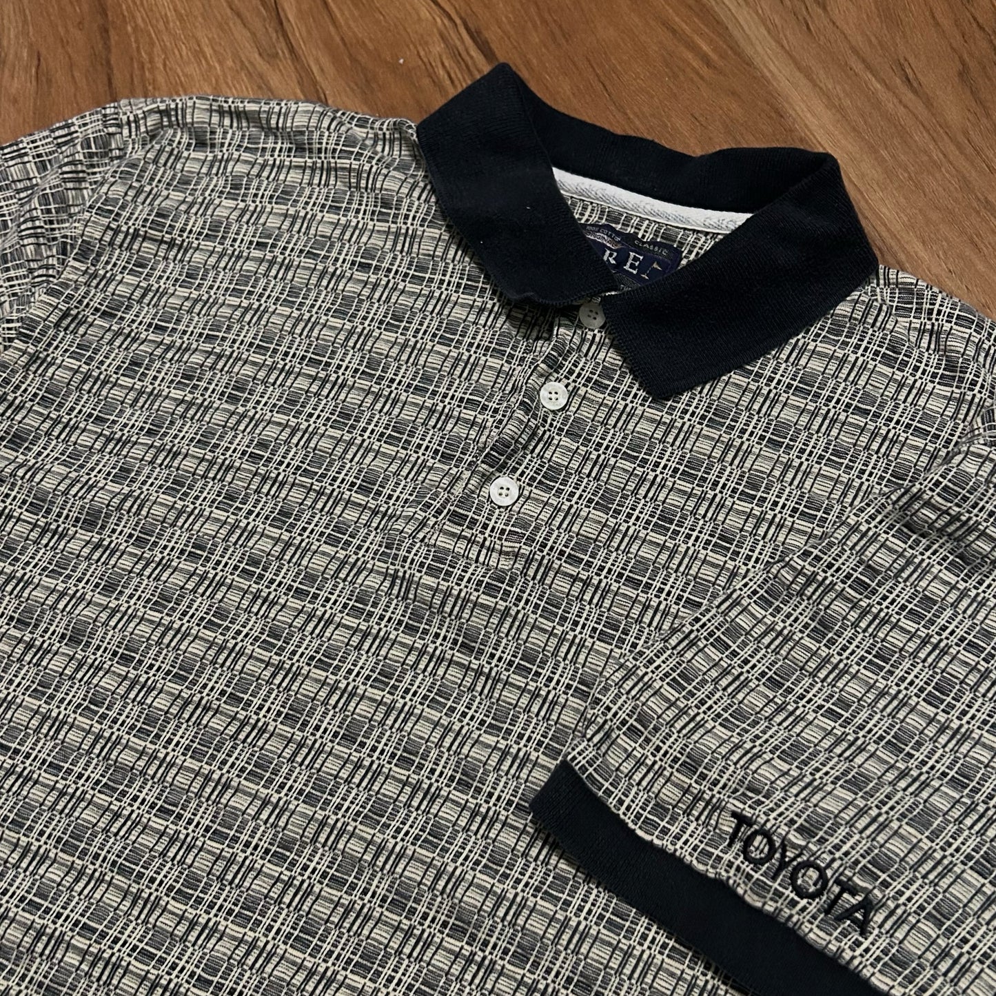 (L) Vintage 90s Fore Golfwear Toyota Geometric Jacquard Knit Polo Shirt