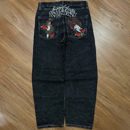 (30) Ninth Hall Ambush Embroidered Baggy Black Denim Jeans