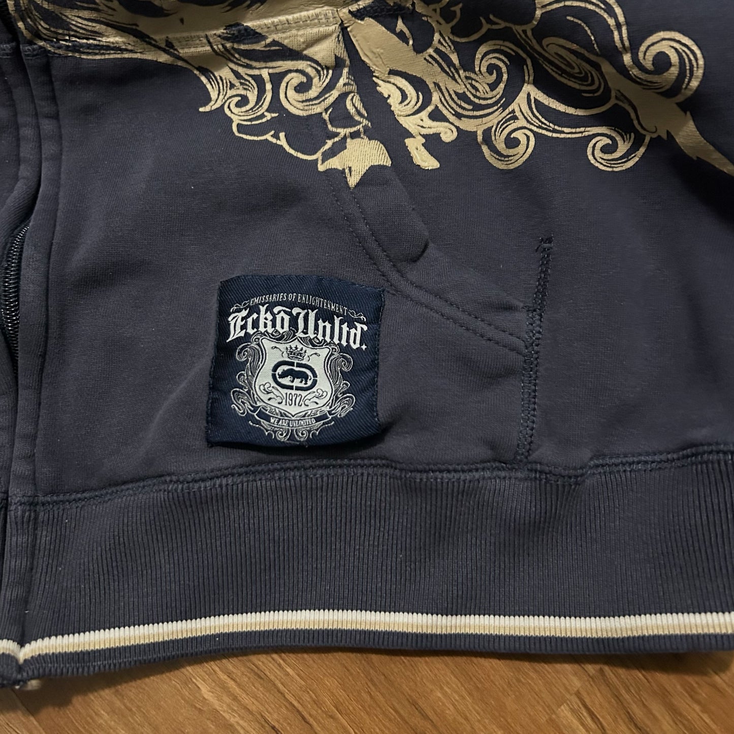 (L) Y2K Ecko Untld Embroidered Grunge Rhino Logo Navy Full Zip Hoodie