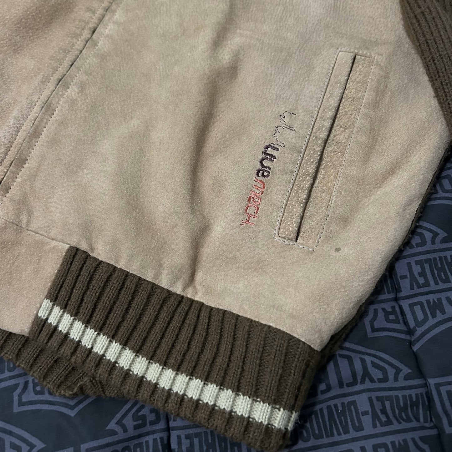 (L) Vintage Live Mechanics Suede Knitted Varisty Brown Bomber Jacket