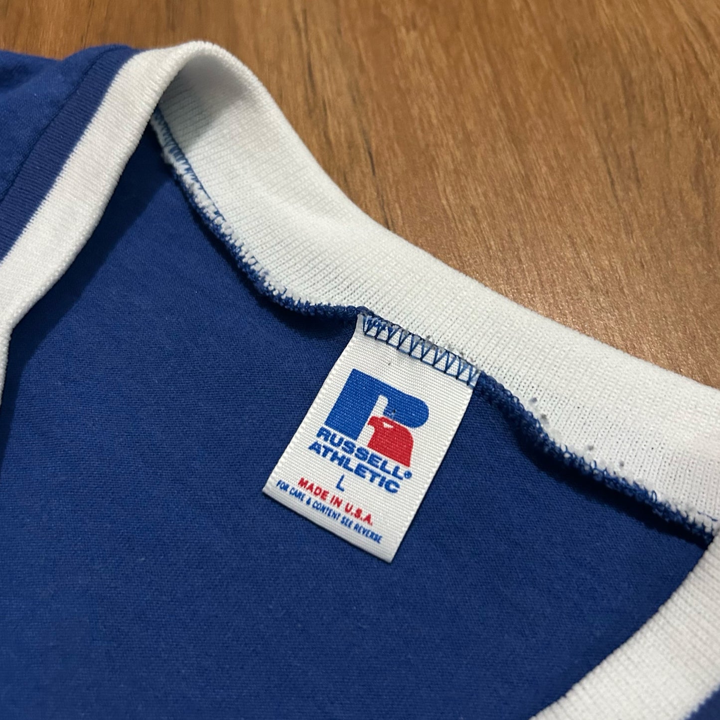 (L) Vintage 90s Russell Athletic Los Angeles Dodgers V-Neck Ringer Blue Jersey Shirt