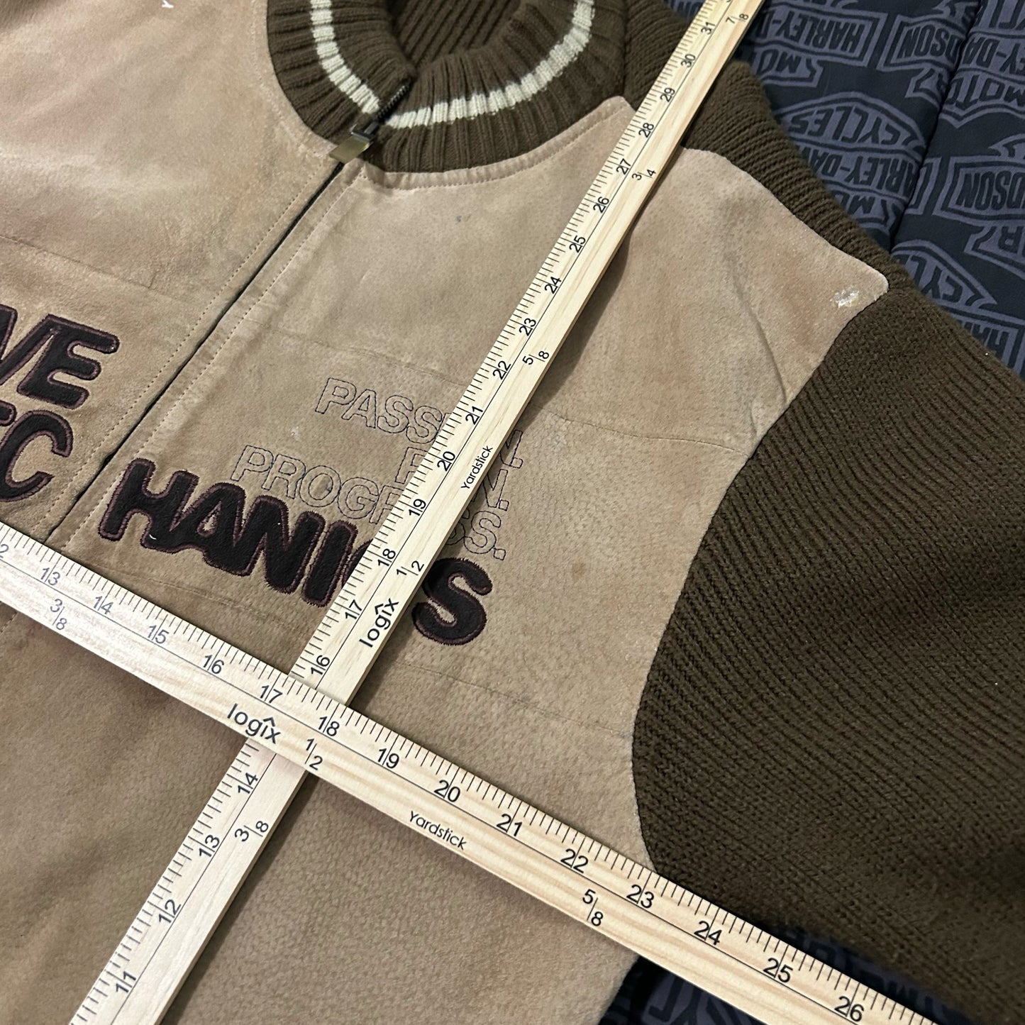 (L) Vintage Live Mechanics Suede Knitted Varisty Brown Bomber Jacket