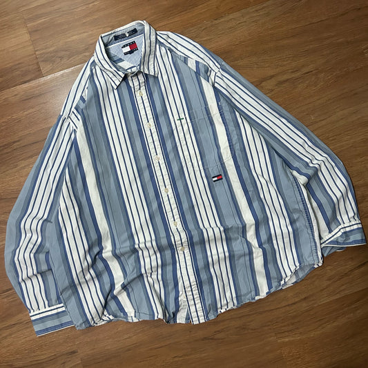(L) Vintage Tommy Hilfiger Pinstripe Baby Blue White Long-Sleeve Button Shirt