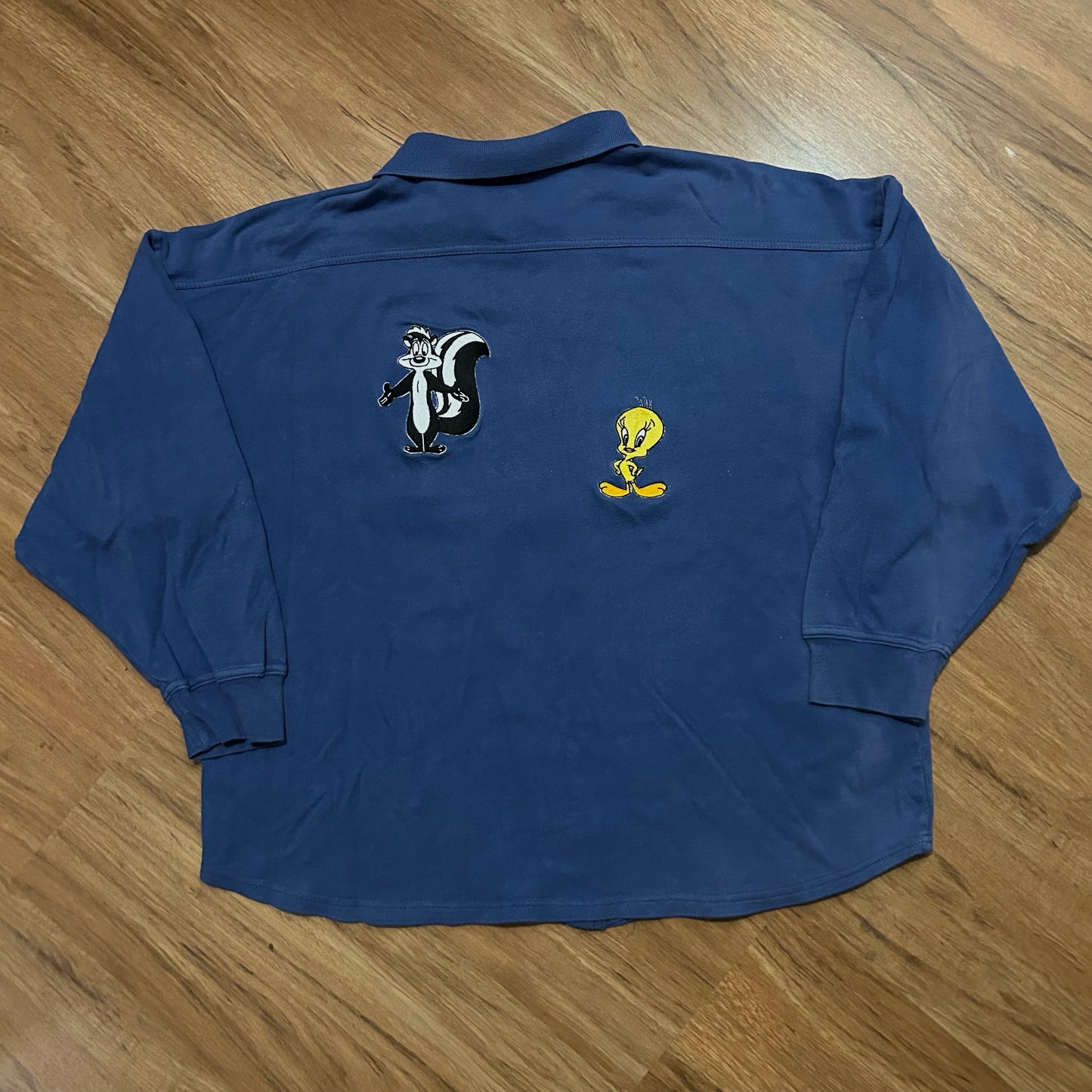 (M) Vintage 90s Warner Bros Looney Tunes Embroidered Blue Button-Up Shirt