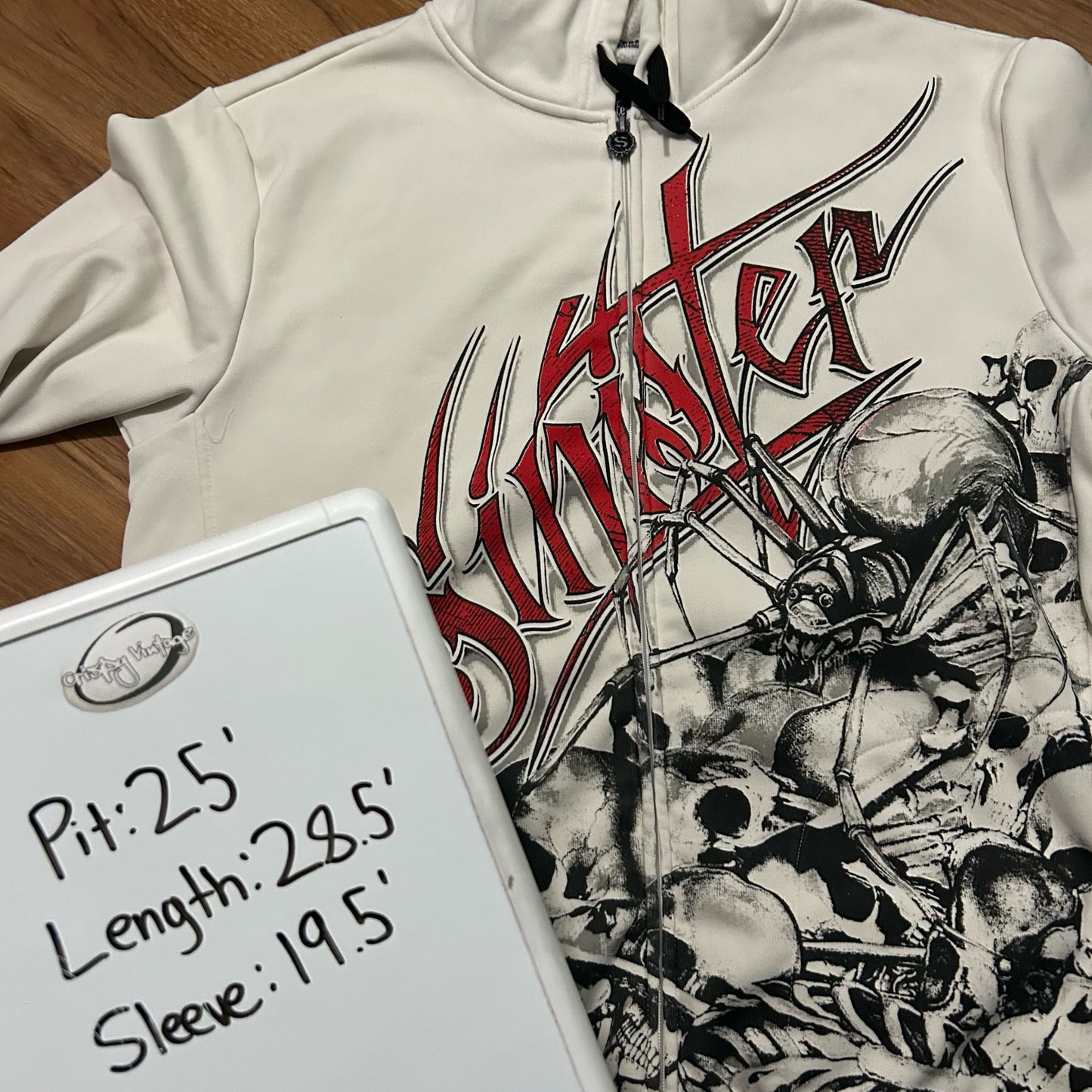 (L) Vintage Y2K Sinister Skull Bones Graphic White Full Zip Hoodie