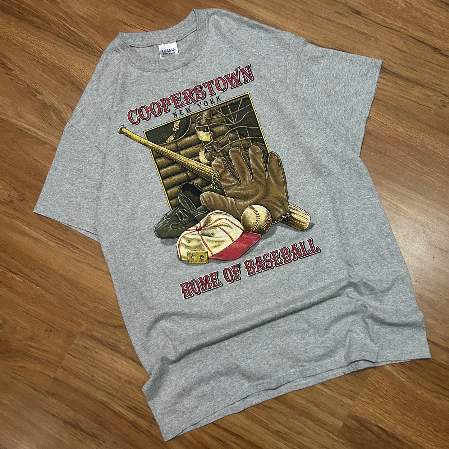 (M) Vintage Y2K Cooperstown Home of Baseball Graphic Grey T-Shirt