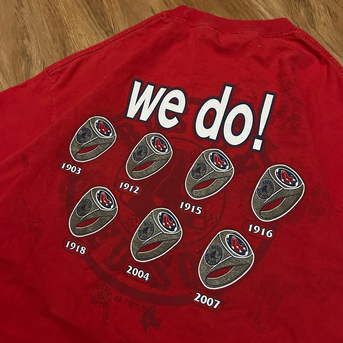 (L) 2008 Majestic MLB Boston Red Sox Got Rings Lately Red Baseball T-Shirt